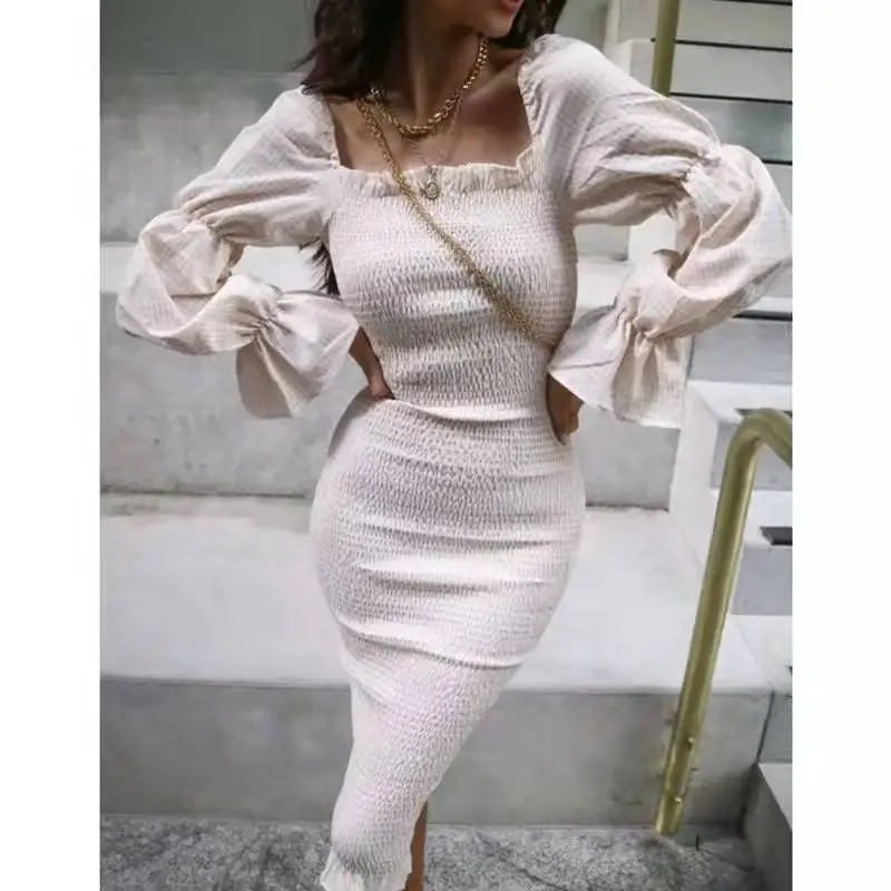 Elegant Fall Off Shoulder Puff Sleeve Slim Midi Dress