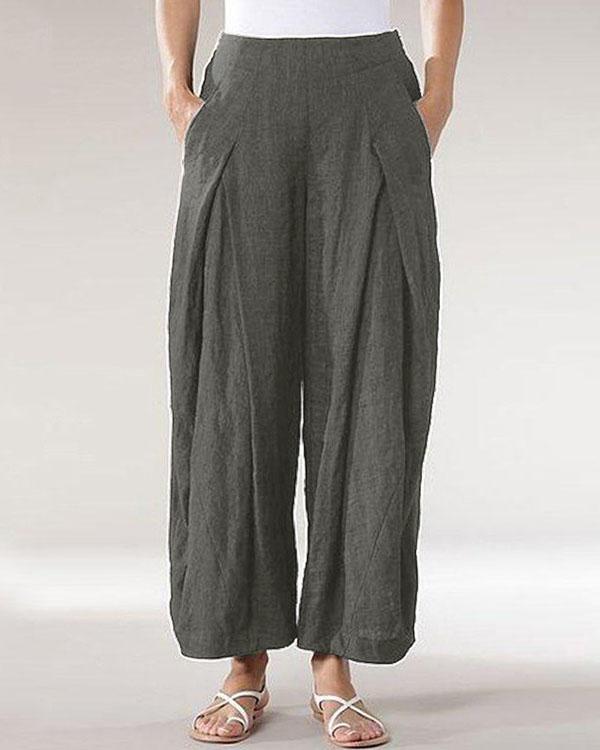 Casual Solid Patchwork Wide Leg Linen Pants