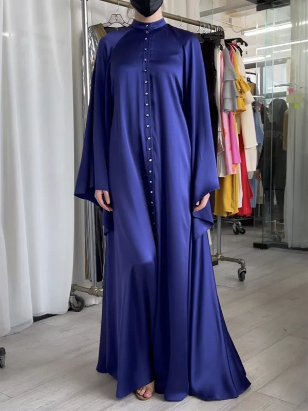 Solid Color Wide Side Buttoned Batwing Sleeves Maxi Dresses