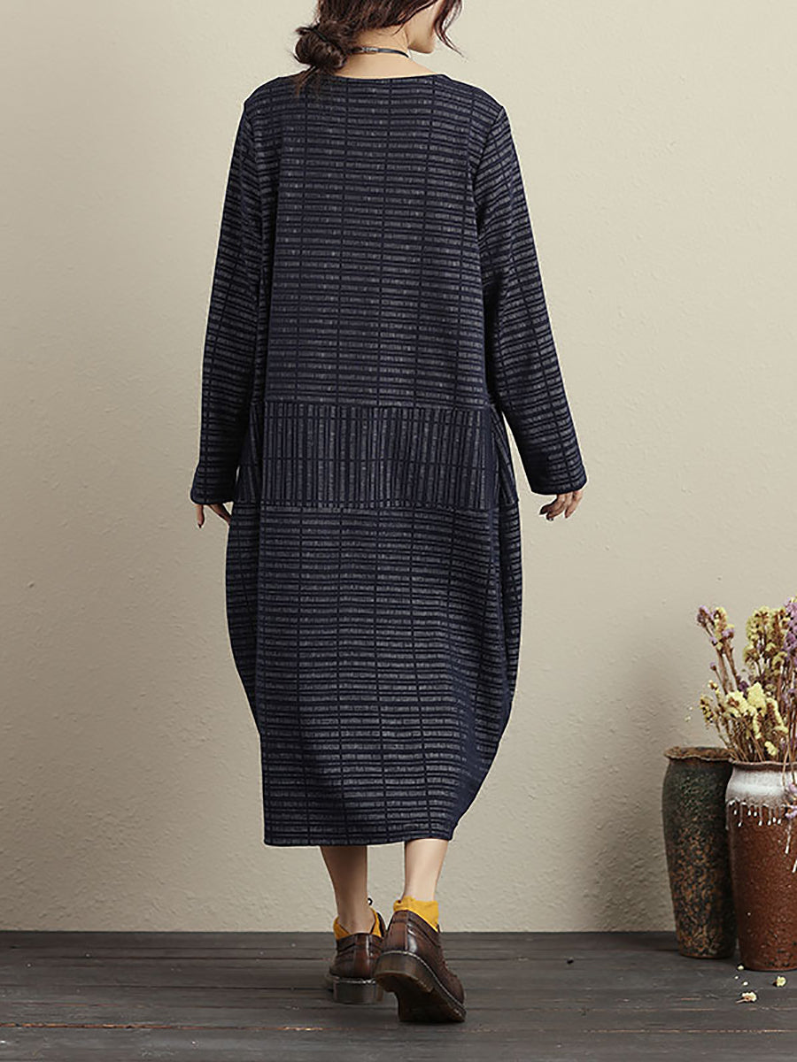 Plus Size Women Spring Casual Stripe Pocket Loose Long Sleeve Dress