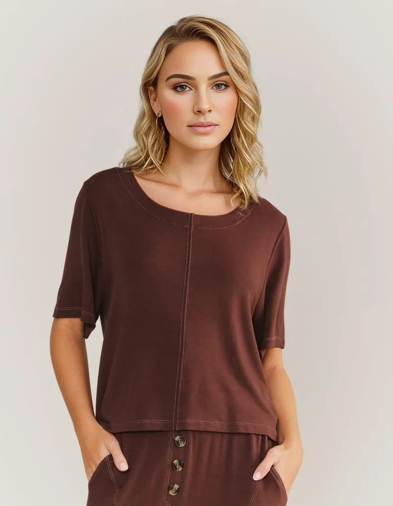 Short Sleeve Moletinho Blouse - Brown