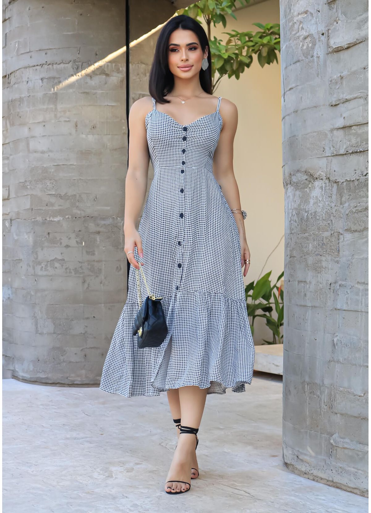 VICHY BUTTON MIDI DRESS