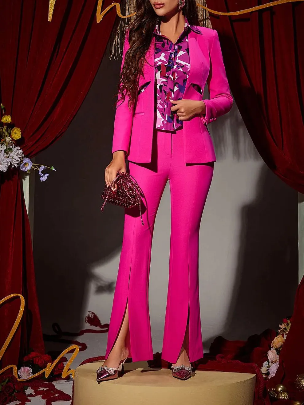 Lewa Hollow Collarless Blazer Set In Hot Pink