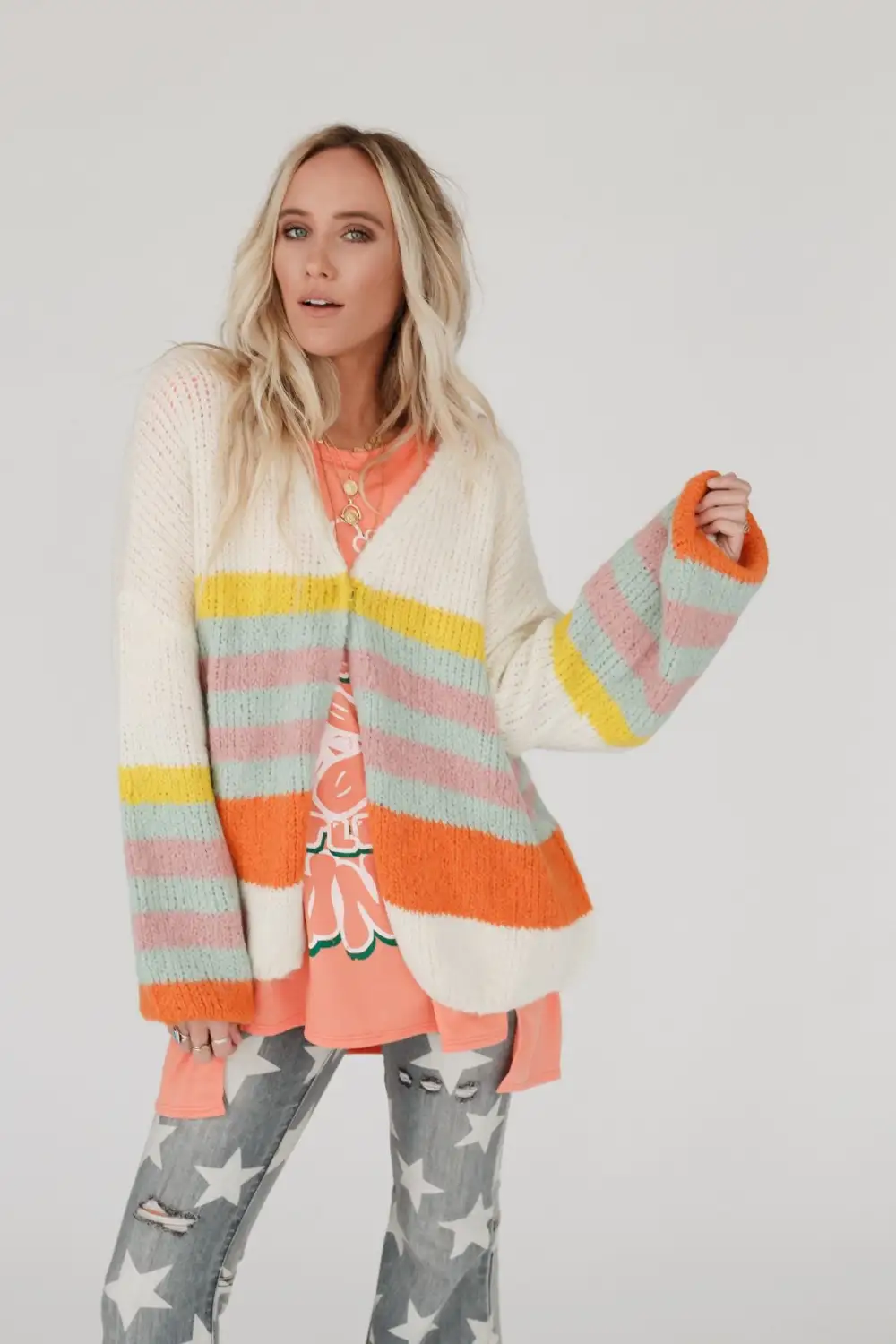 Retro Babe Striped Cardigan - Cream