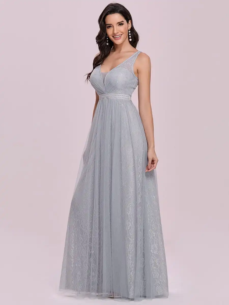 Gorgeous V Neck Lace & Tulle Maxi Wholesale Bridesmaid Dress