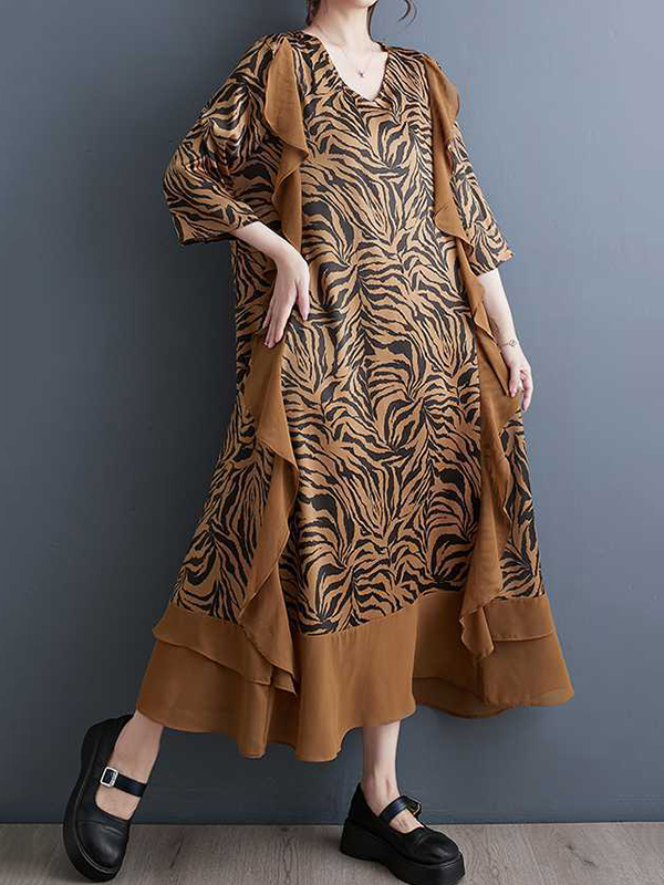 A-Line Batwing Sleeves Ruffled Split-Joint Zebra-Stripe V-Neck Midi Dresses