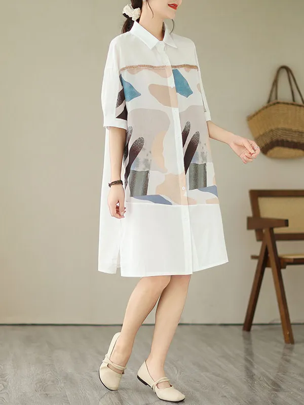 Loose Short Sleeves Printed Split-Joint Split-Side Lapel Midi Dresses