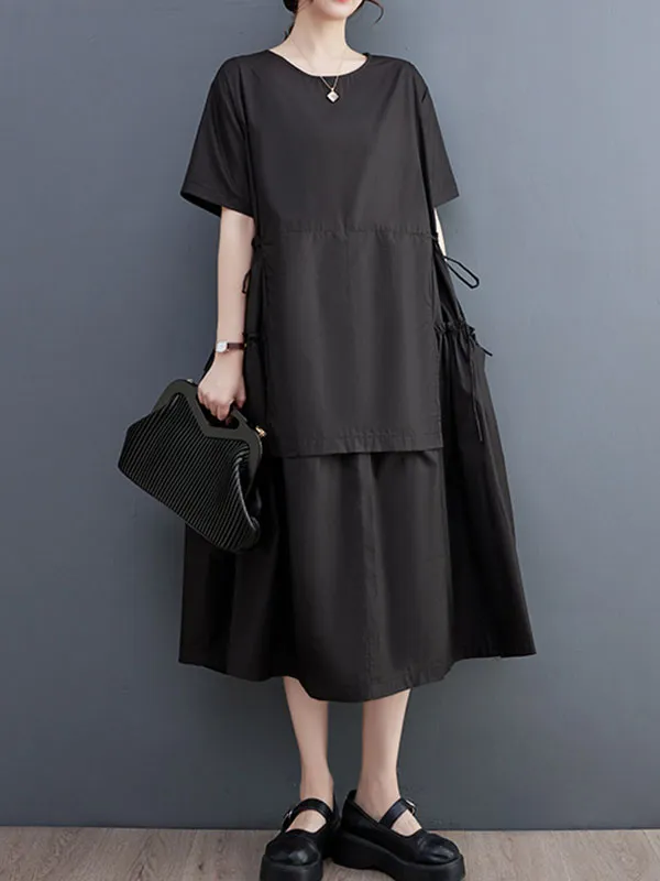 Loose Short Sleeves Solid Color Split-Joint Round-Neck Midi Dresses