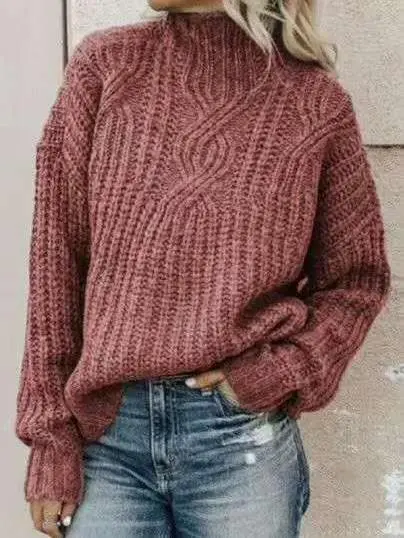 Women's Sweaters High Collar Long Sleeve Twist Knit Sweater