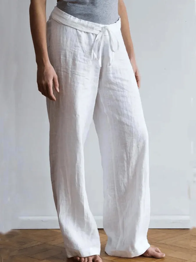 Women's Casual Pure Color Lace Up Cotton Linen Straight Pants