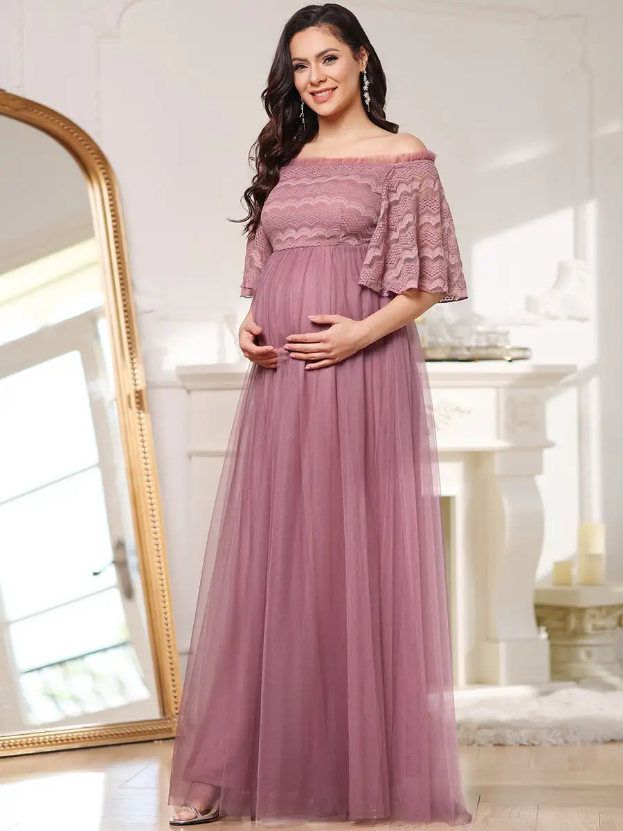 Off Shoulder Wholesale Maternity Bridesmaid Dresses With Lace Sleeves