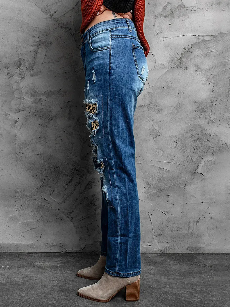 Casual leopard print patchwork jeans