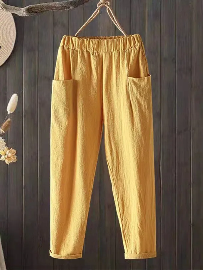 Women's Casual Pure Color Literary Cotton Pants