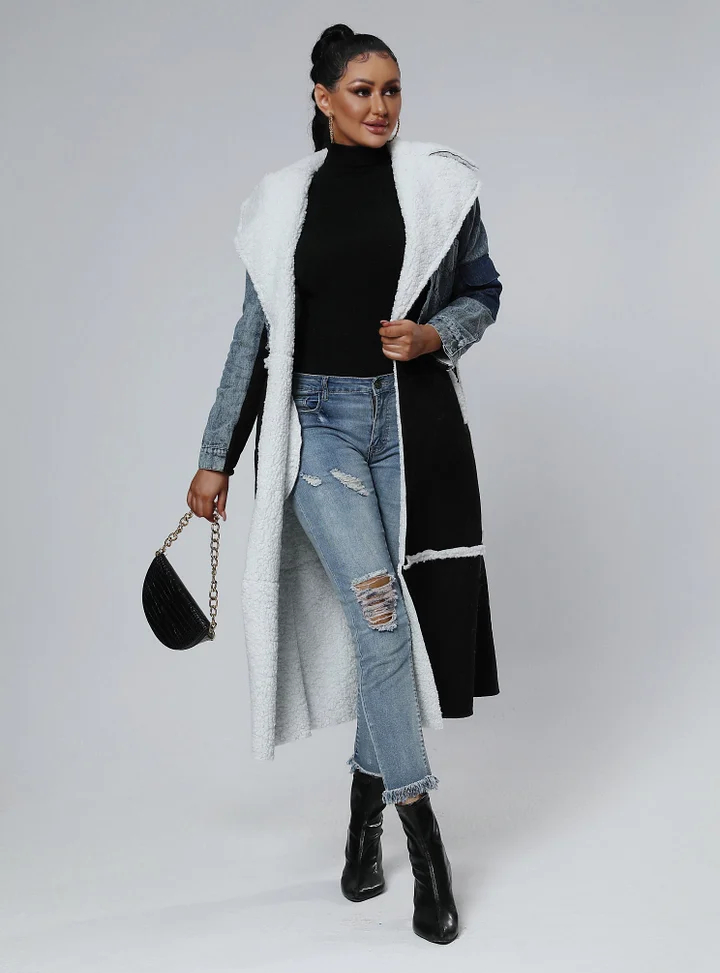 Stitching Fur & Denim Coat Long Outerwear