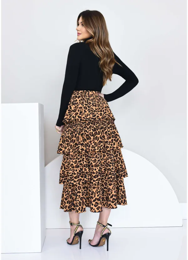 LEOPARD PRINT LAYERED MIDI SKIRT