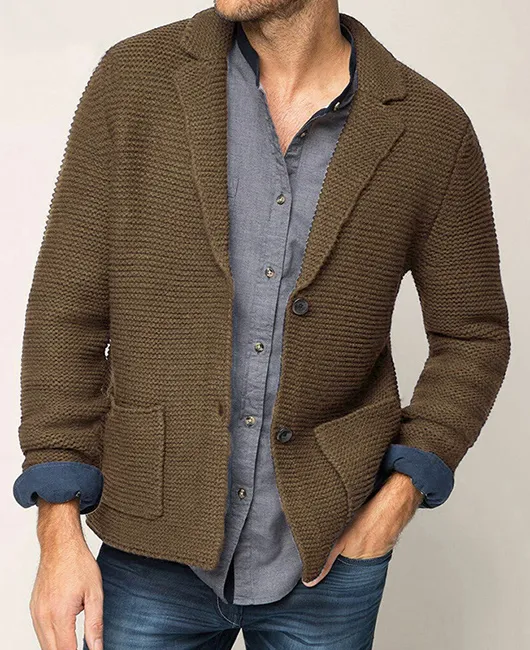 Knitted Notch Lapel Two Buttons Pockets Sweater