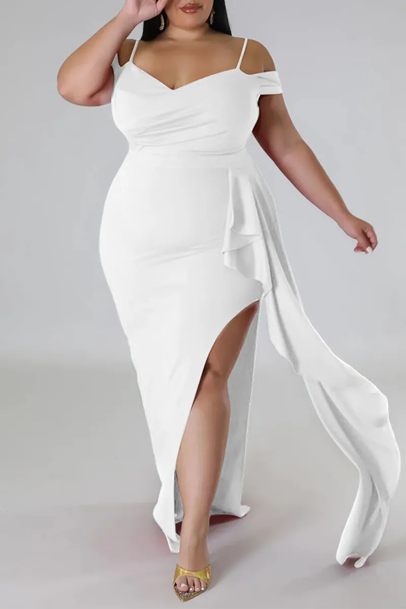 White Sexy Elegant Solid Patchwork Flounce Slit Spaghetti Strap Irregular Dress Plus Size Dresses