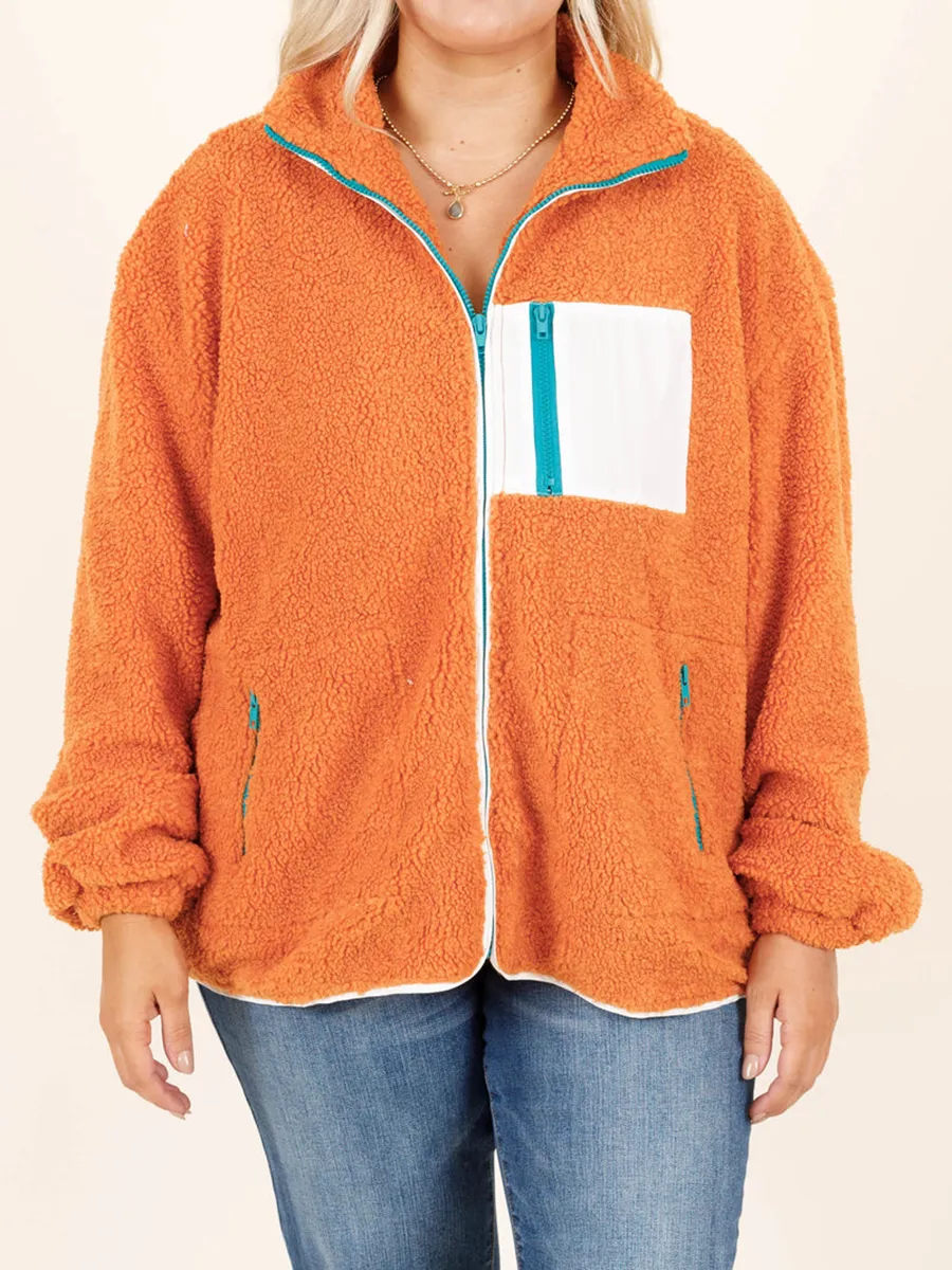 Plush Panel Contrast Zip Loose Hoodie