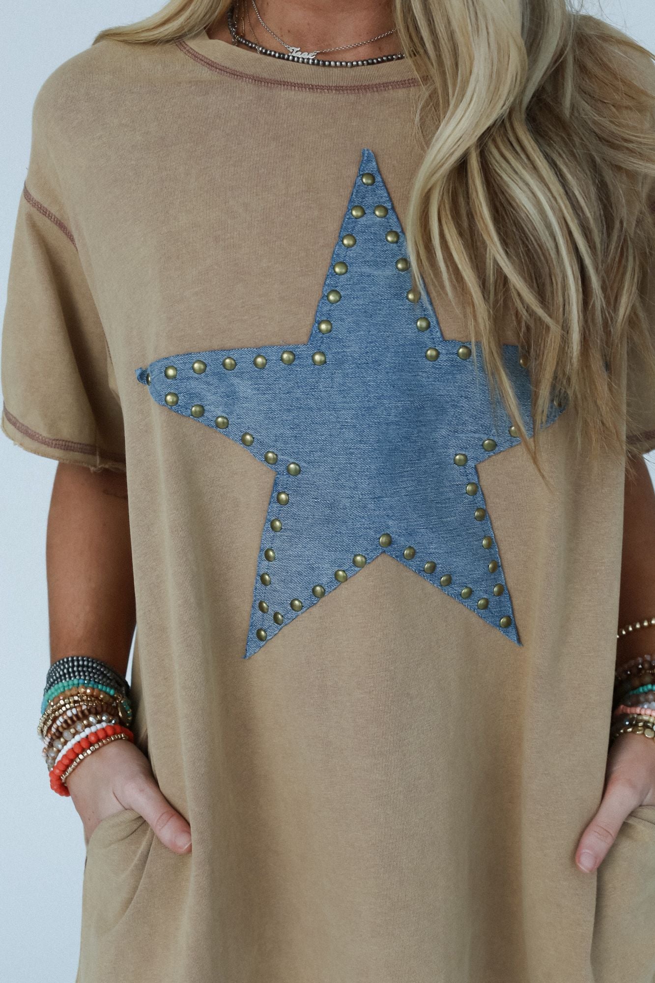 Celestial Star Patch Tee Dress - Latte