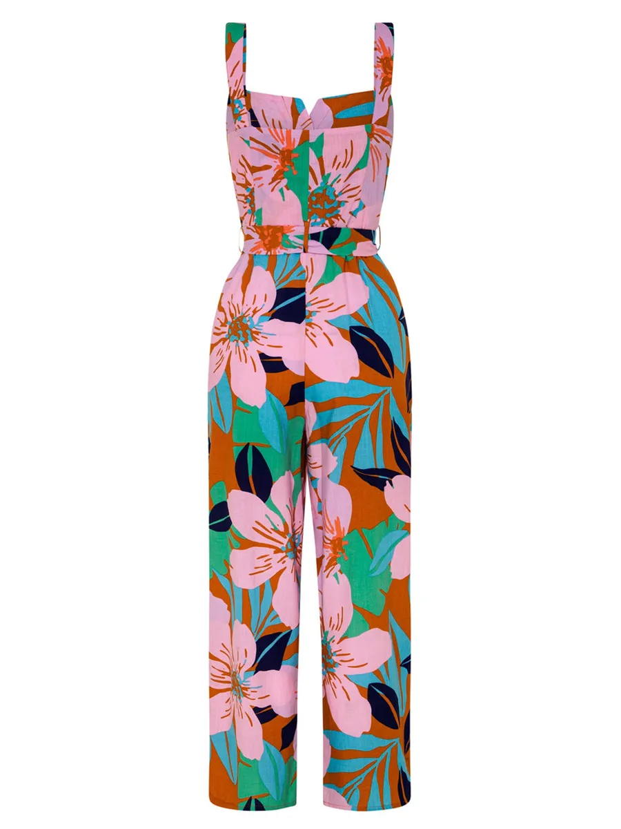 Women's floral-print holiday loose wide-leg jumpsuits