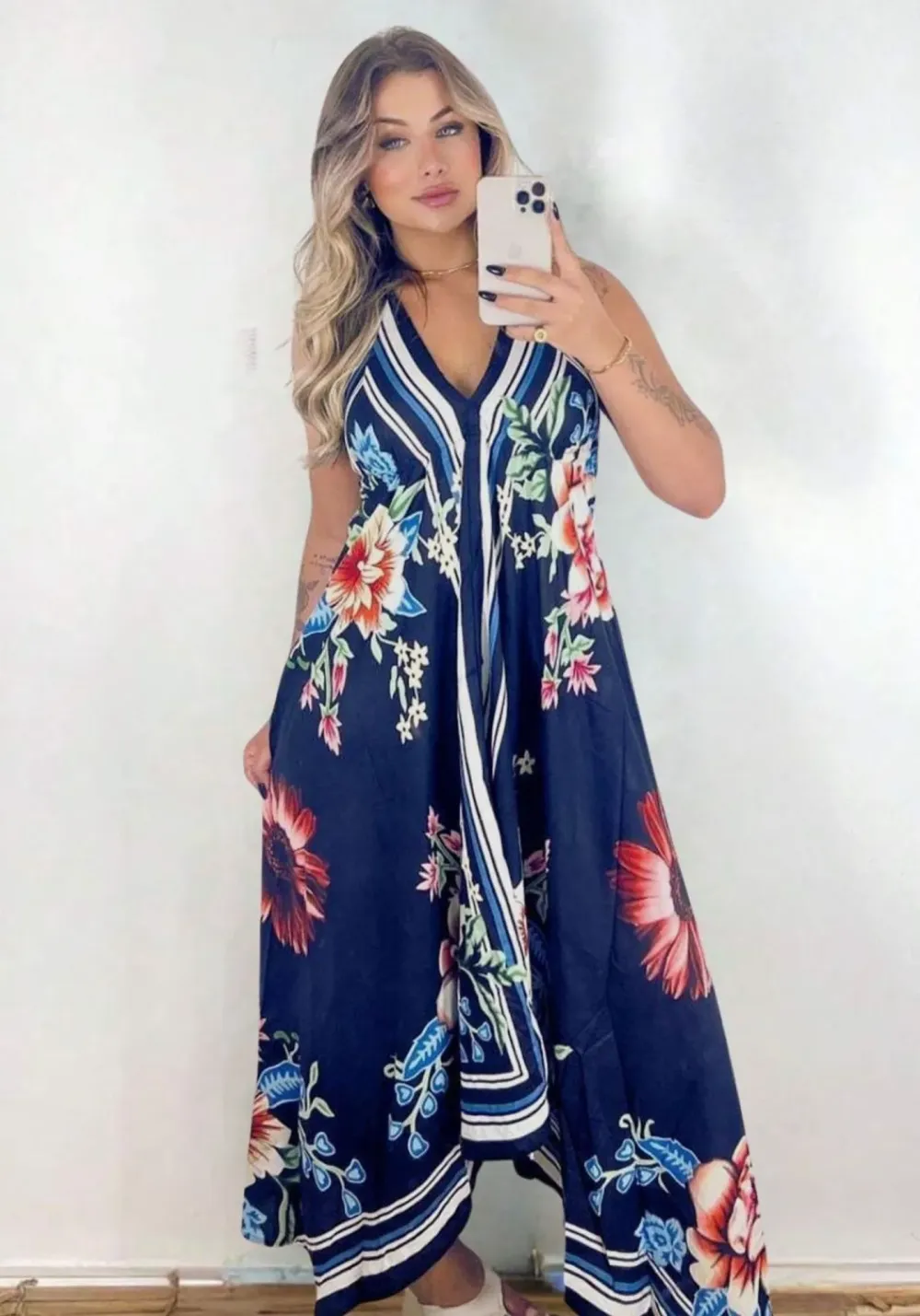 Indian Long Dress with Floral Scarf on Blue Background 01