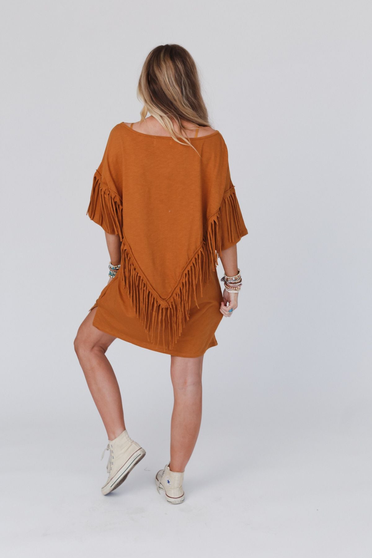 Comfy Fringe Tee Dress - Camel