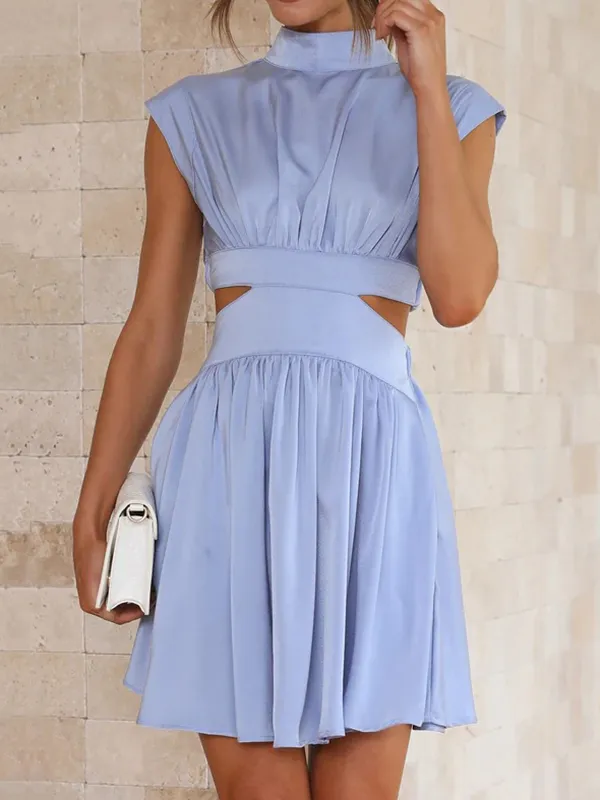 Skinny Belly-Hollow Pleated Solid Color Stand Collar Mini Dresses