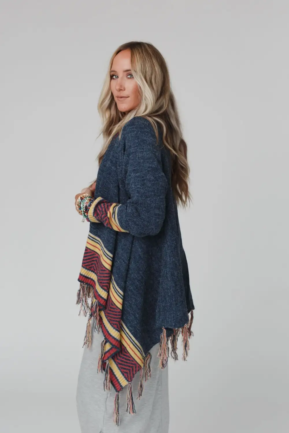 Bailey Printed Border Fringe Cardigan - Navy