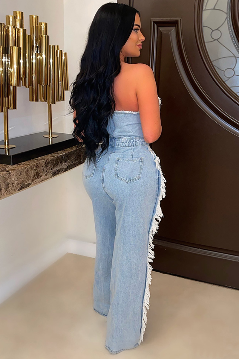 V Neck Raw Edge Scratch Hollow Out Strapless Denim Jumpsuit