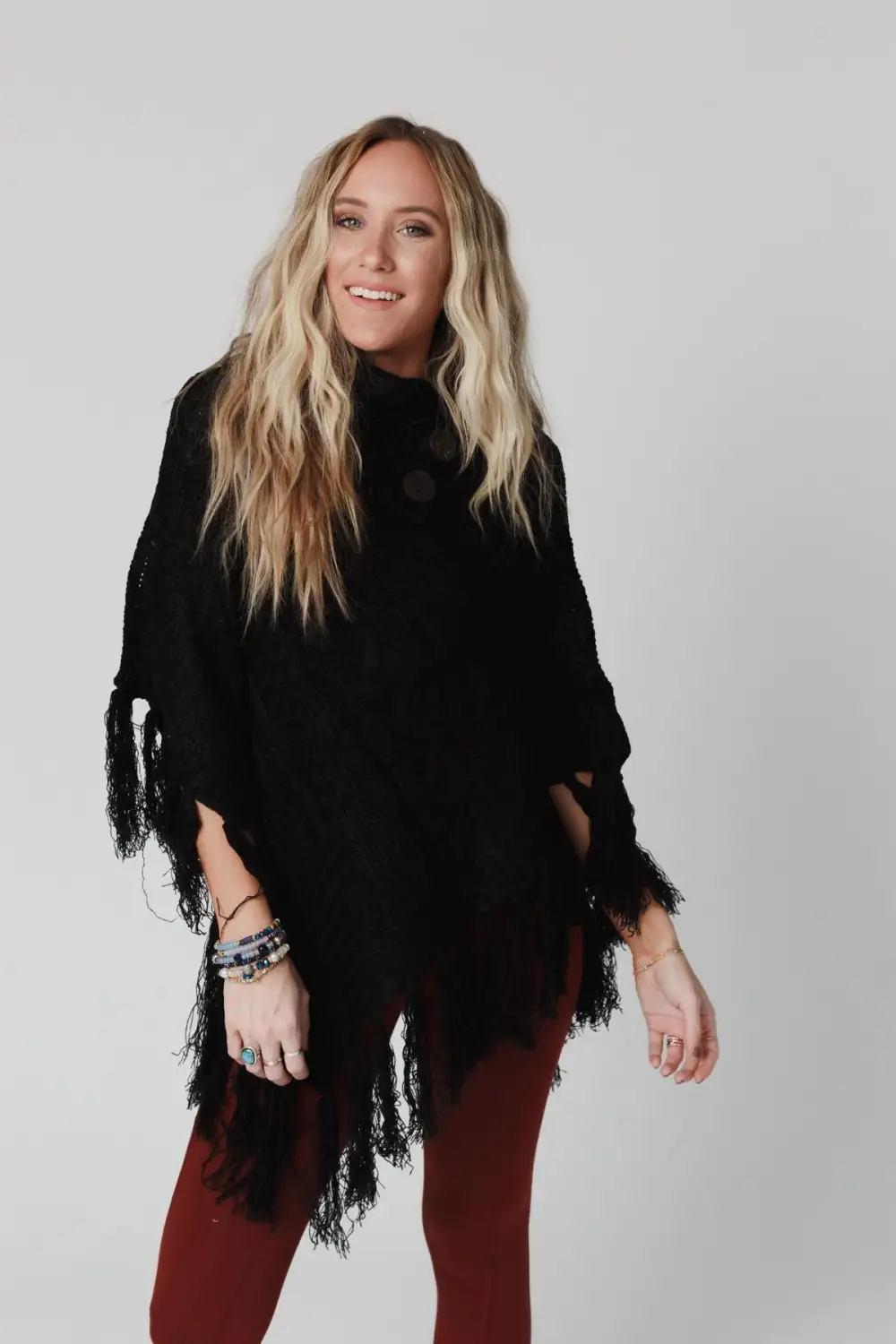 Cozy Cabin Turtleneck Poncho - Black