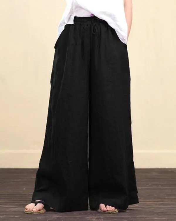 Women Elastic Waist Loose Wide Leg Long Pants