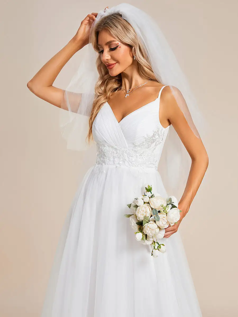 Elegant Spaghetti Straps Appliques Tulle Wholesale Wedding Dresses