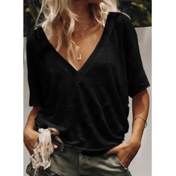 Women Casual Plain Basic V Neck Loose Summer Short Sleeve T-shirt