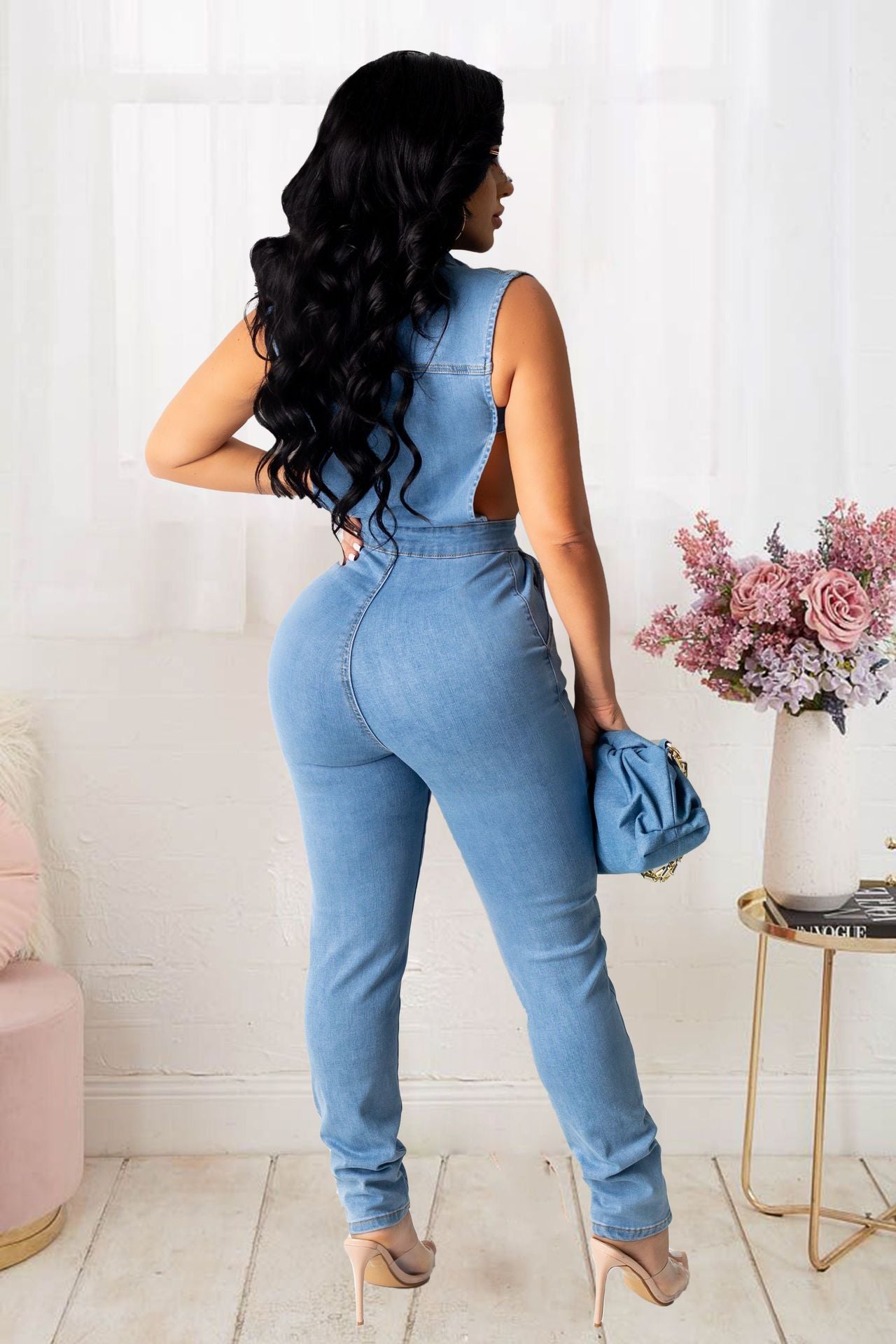 Denim Jumpsuit Turn Down Collar Romper