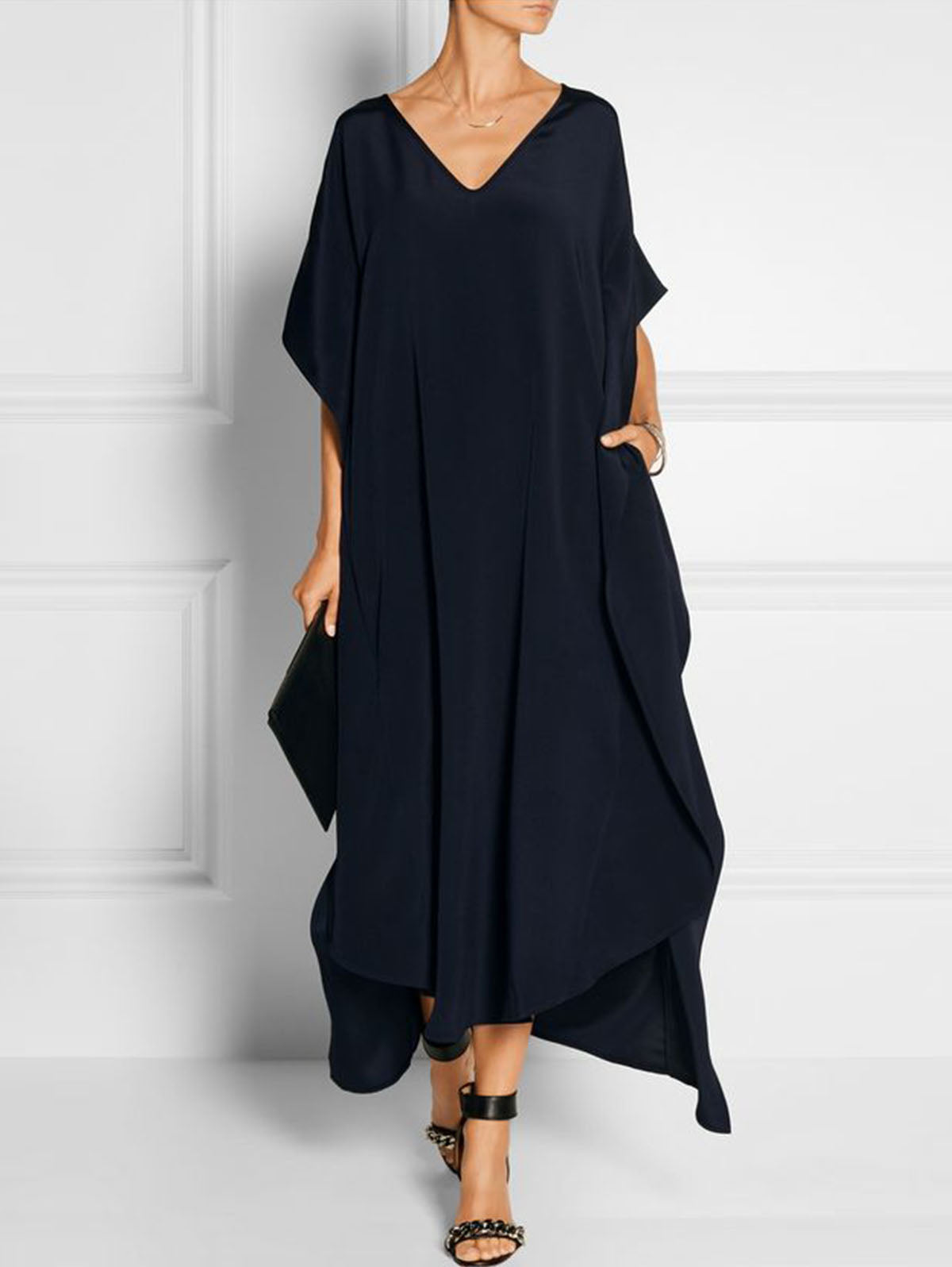 Elegant Black V Neck Short Sleeve Loose Dress