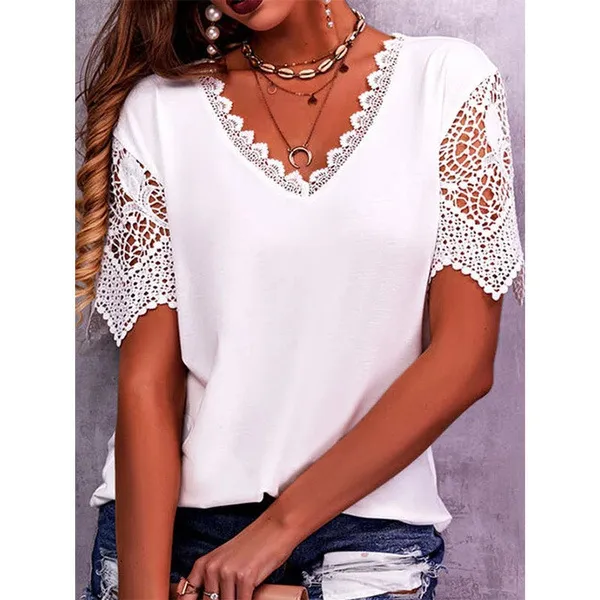 Women's Lace Patchwork Loose V-neck T-shirt