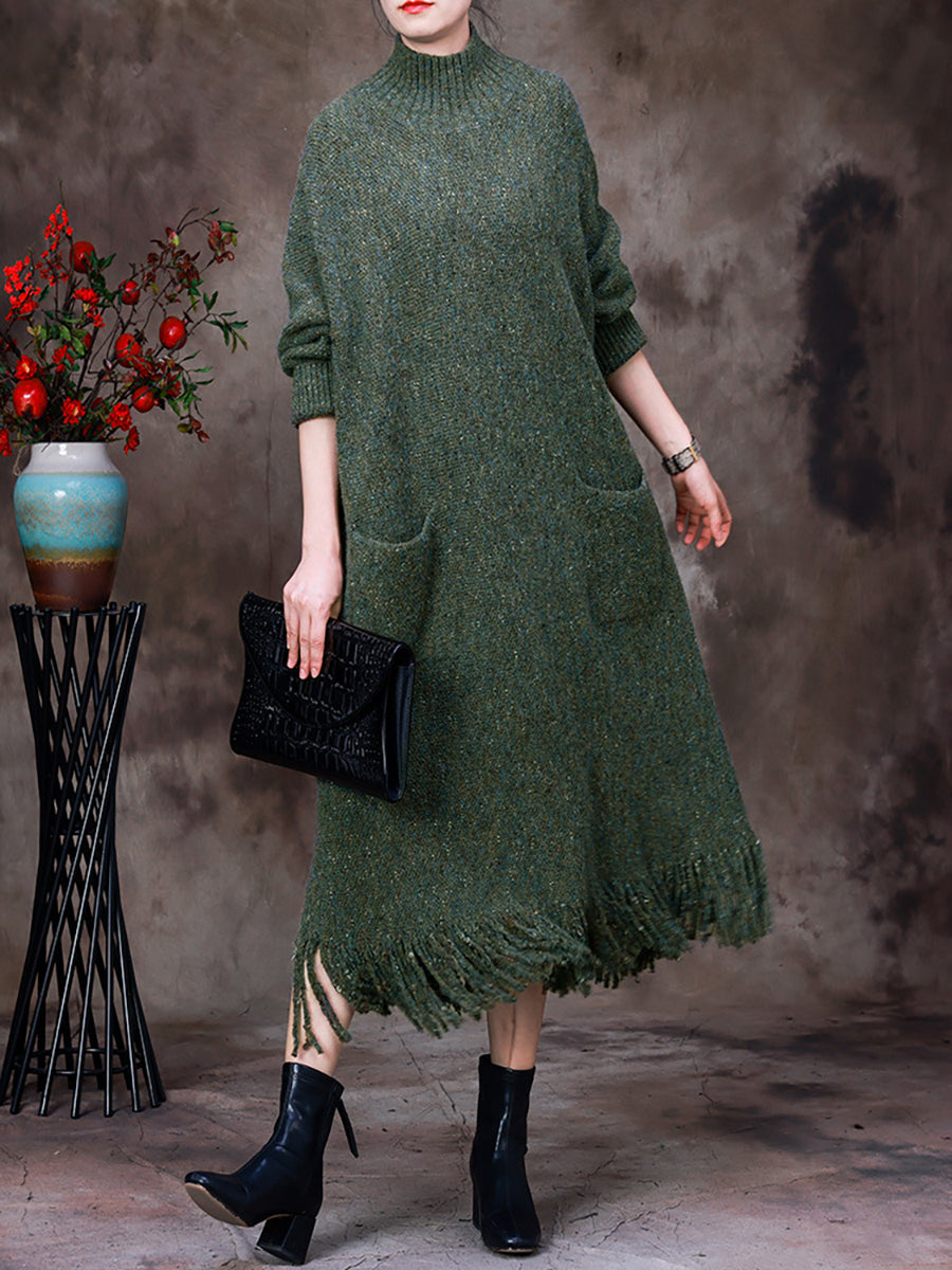 Winter Women Warm Wool Tassel Maxi Dress