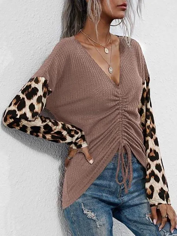 V Neck Leopard Sleeve Cinched Front Knitwear