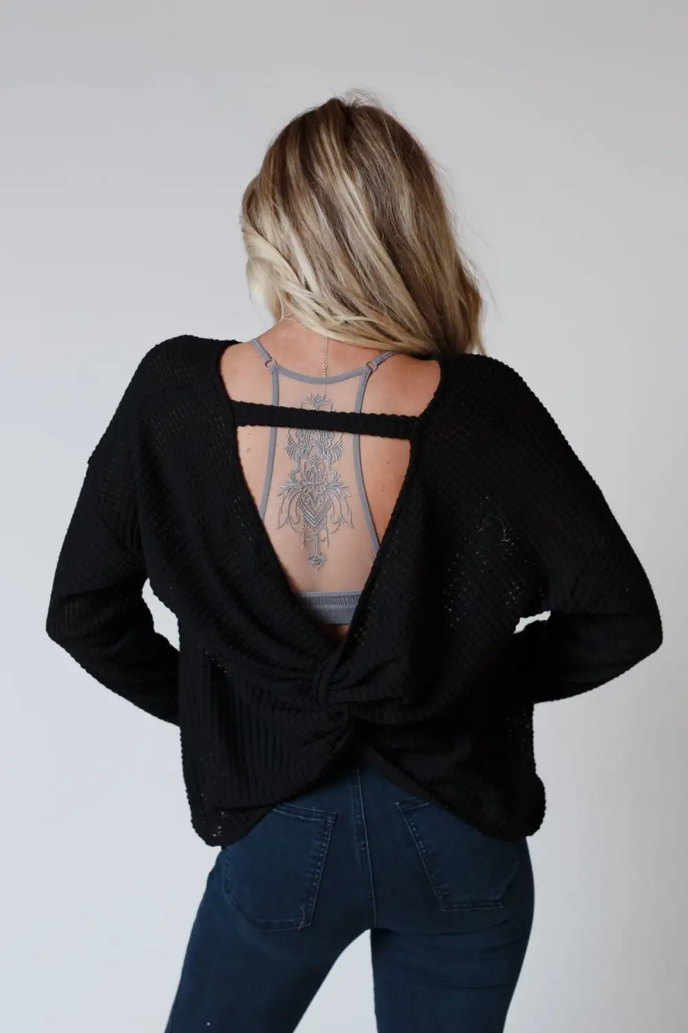 Flattering Open Back Thermal Knit Top - Black