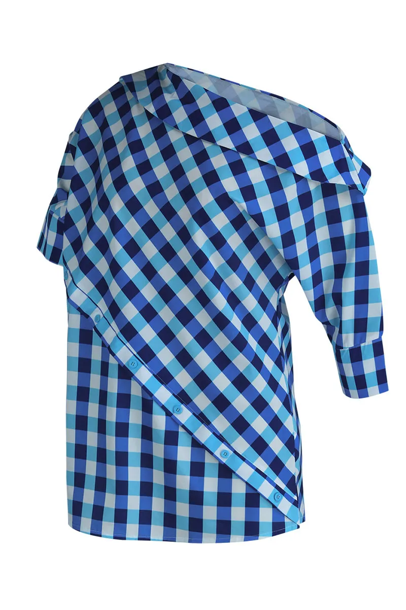 Blue Casual Plaid Print Patchwork Asymmetrical Oblique Collar Tops