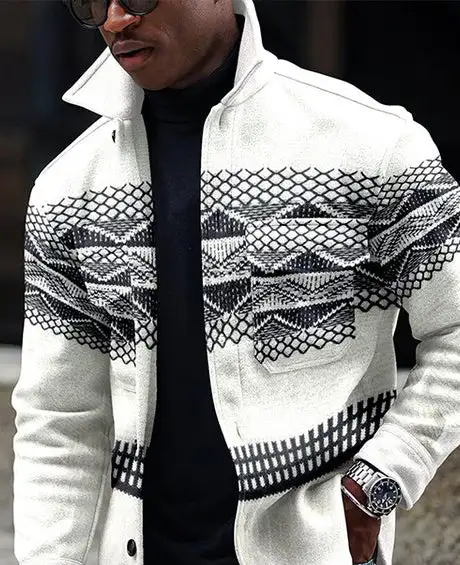 Lapel Collar Geometric Pattern Button Up Jacket