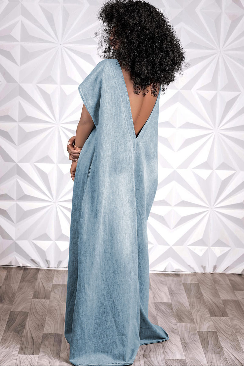 Denim Short Sleeve V-Shaped Backless Loose Fit Maxi Dress