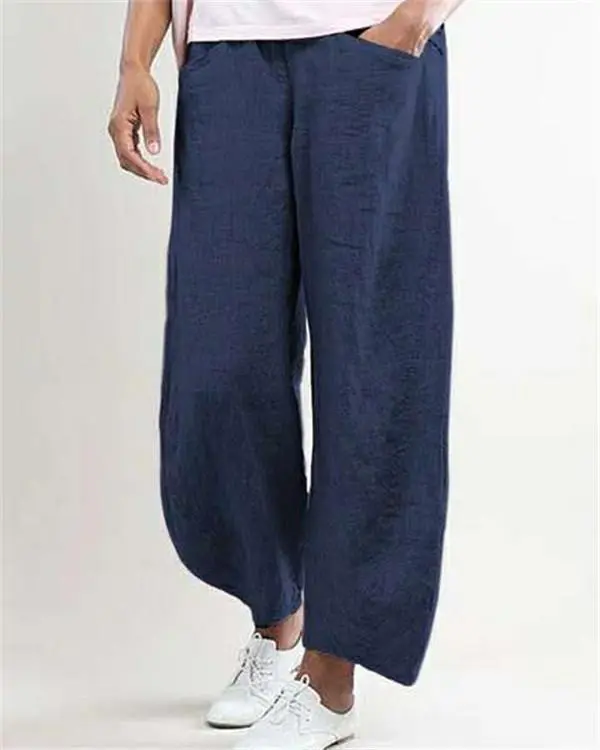 Women Plus Size Casual Wide Leg Shift Cotton Pockets Solid Pants
