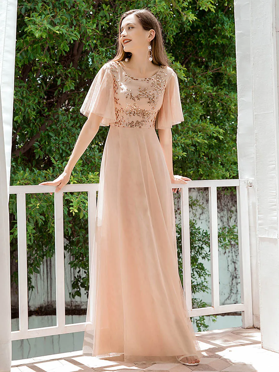 Elegant Tulle Ruffle Sleeves Bridesmaid Dresses Wholesale with Paillette