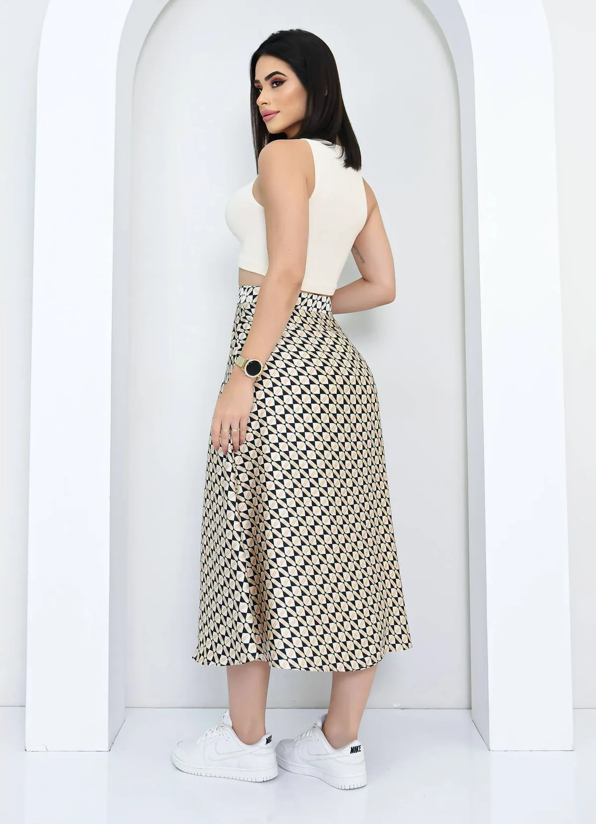 Coffee High Waist Midi Skirt - P;Beige