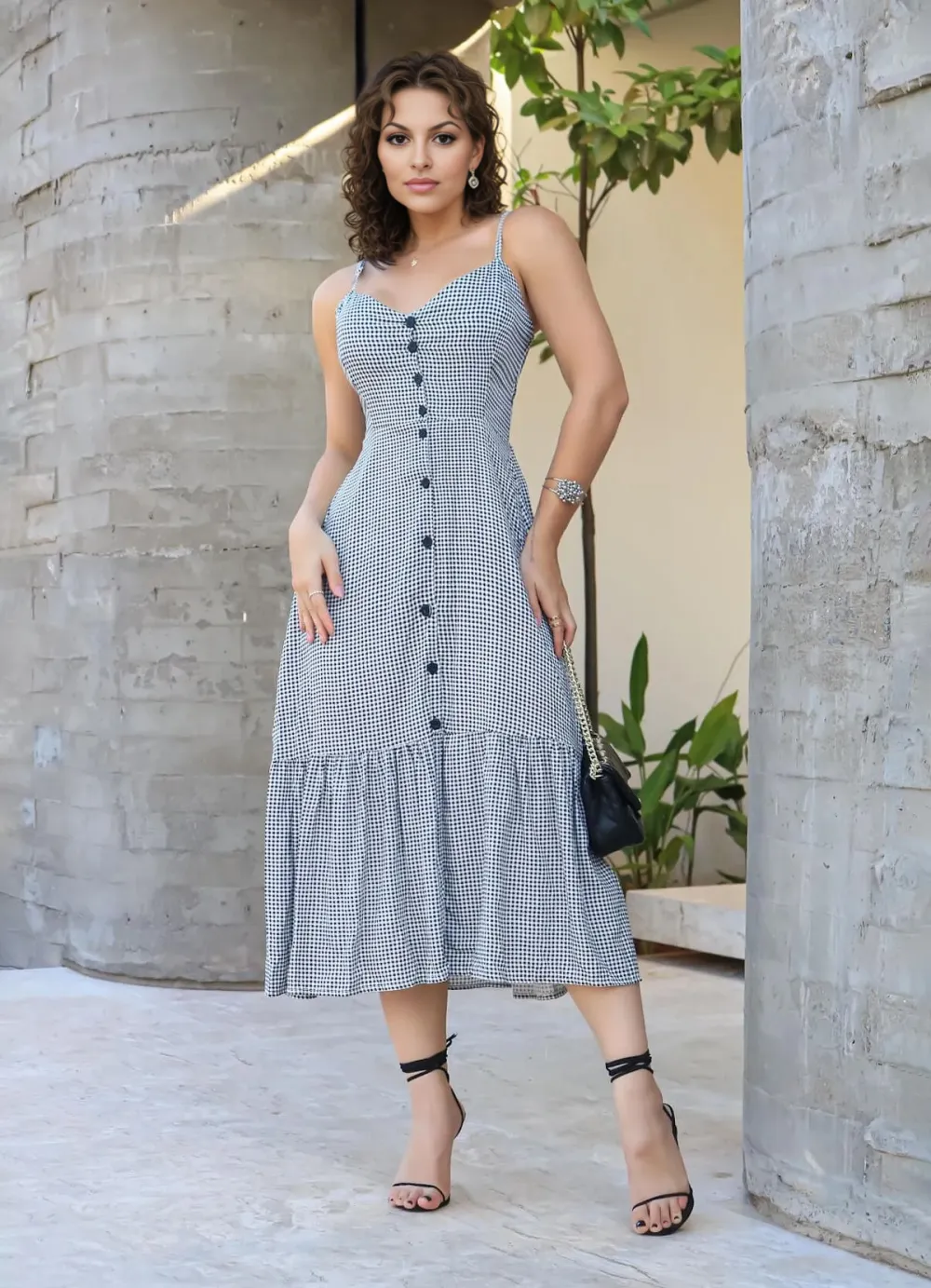 VICHY BUTTON MIDI DRESS