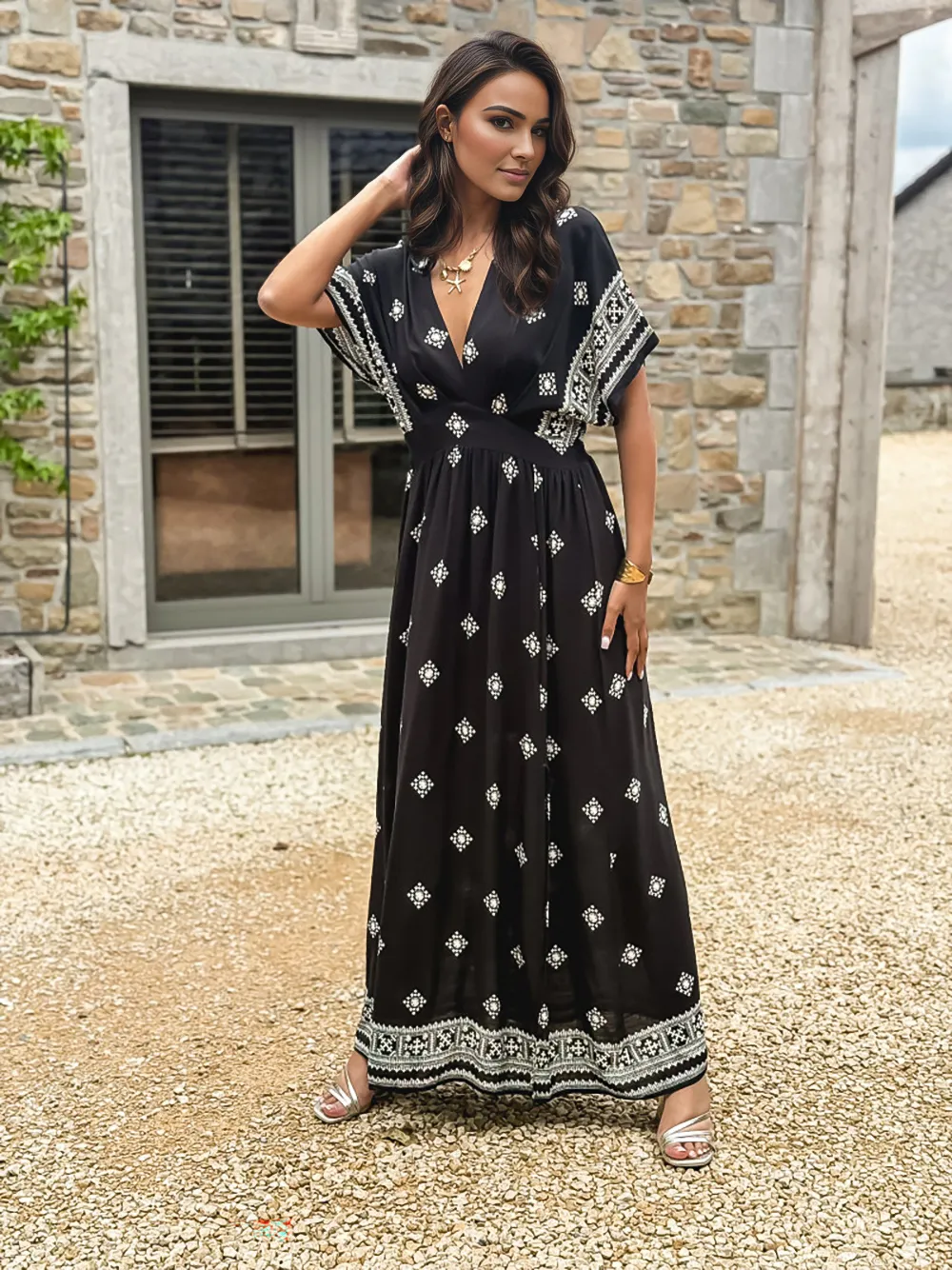 KATALYNA PATTERNED LONG DRESS - BLACK