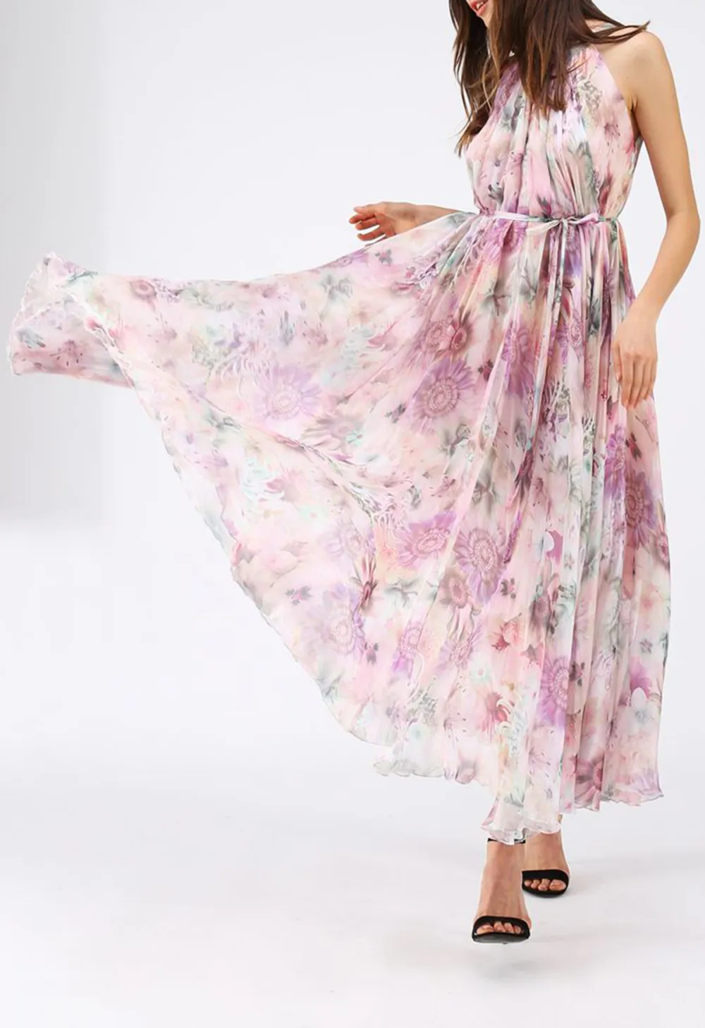 SUNFLOWER BLOSSOM WATERCOLOR CHIFFON MAXI SLIP DRESS