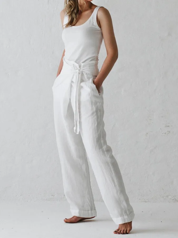 White Cotton Linen Lace Up Casual Pants