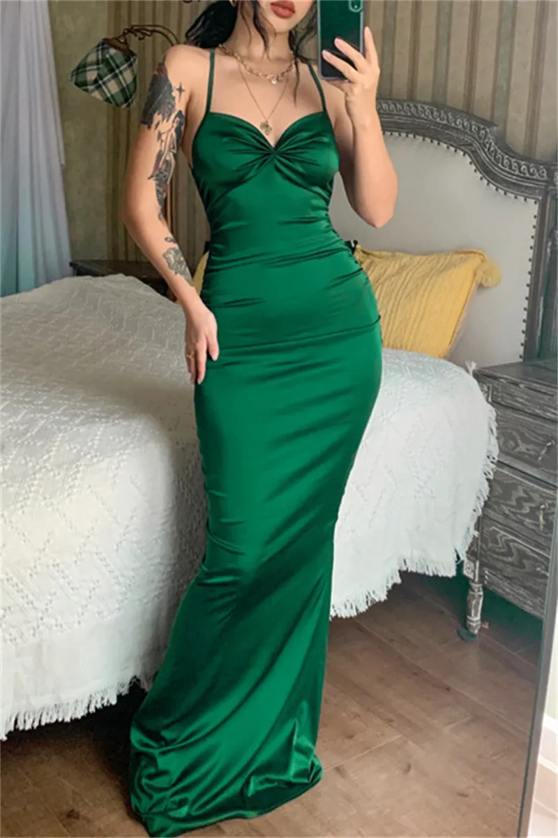 Green Fashion Sexy Solid Backless Cross Straps Spaghetti Strap Evening Dress